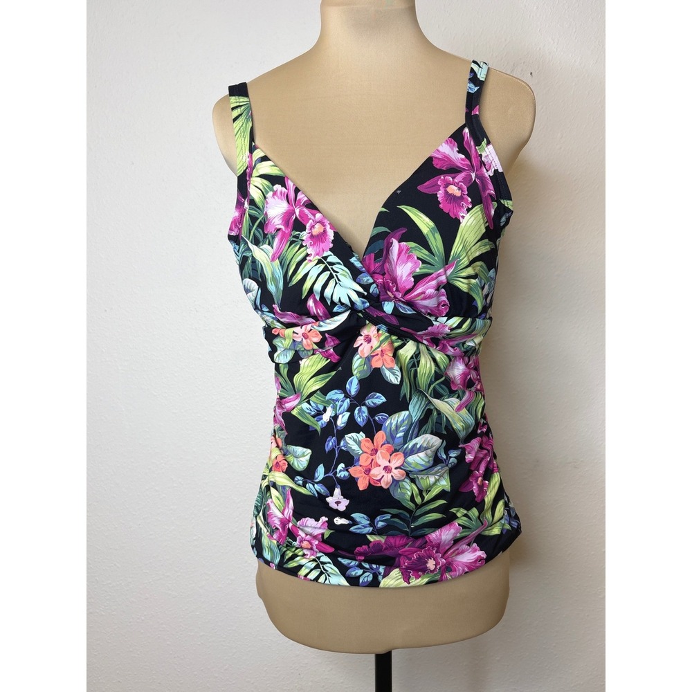 Tommy Bahama Womens Tankini Top Floral Twist Front Ruched Large Black Tropical